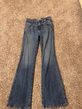 Mid Blue Boot-Cut Jeans with Flare Waist Detail